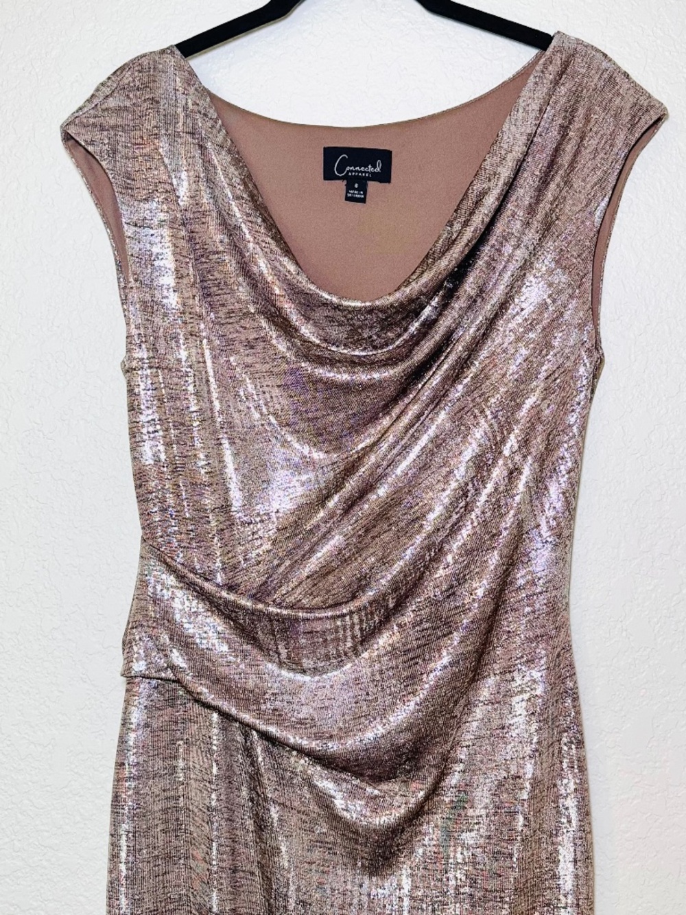 Connected Apparel Dress 6 Sleeveless Drape Neck Evening Gold Silver Formal Glam - Picture 2 of 7